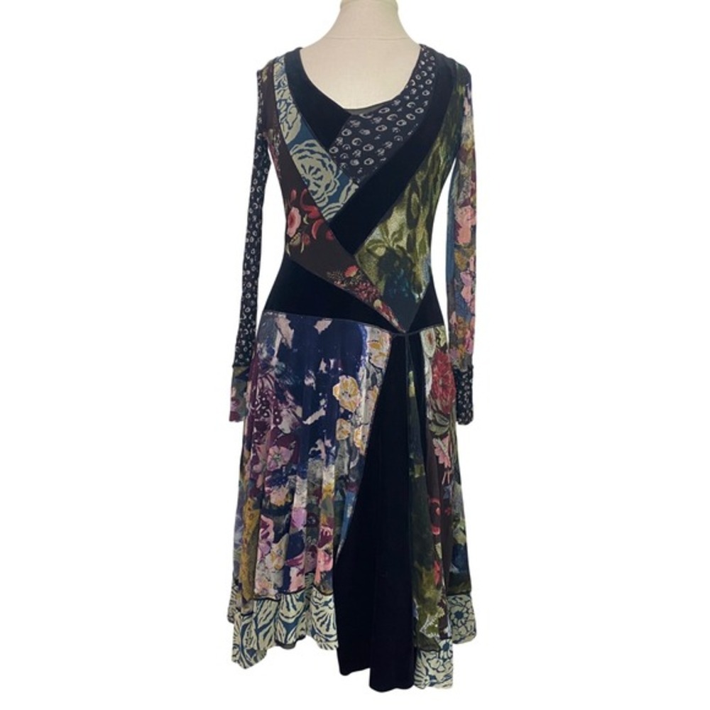 Fuzzi Mesh‎ Patchwork Floral Velvet Trim V Neck Midi Dress Multicolor Size M